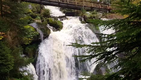vista estática de cerca de la hermosa cascada masiva de triberg bajo un puente de madera durante la temporada de otoño, bosque negro de schwarzwald, alemania