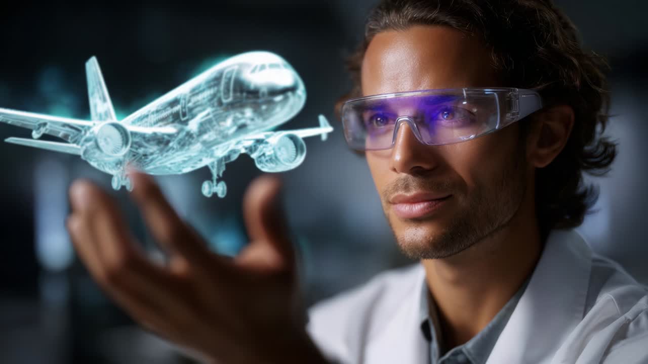 A visionary scientist examines a holographic aircraft in a futuristic laboratory, showcasing the intersection of aviation technology and advanced holography, reflecting innovation and design in aerodynamics