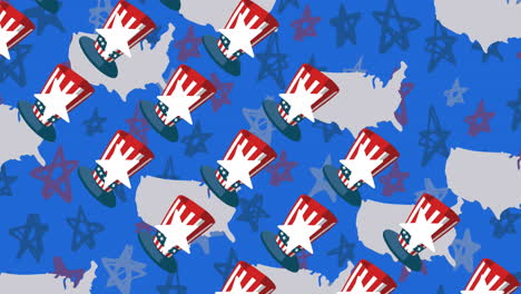 animación de sombreros en los colores de la bandera de los estados unidos sobre mapas de los estados unidos flotando en un fondo azul