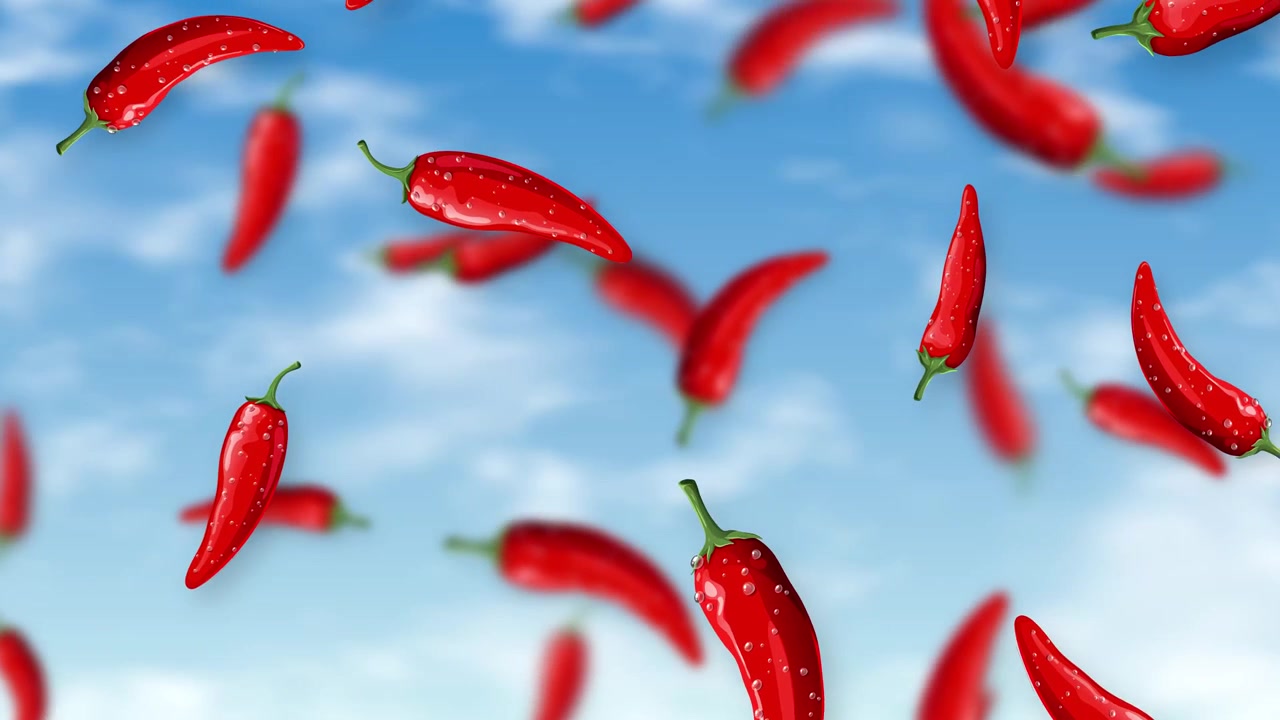 Red chili peppers fall through a blue sky with soft clouds in this vibrant animation.