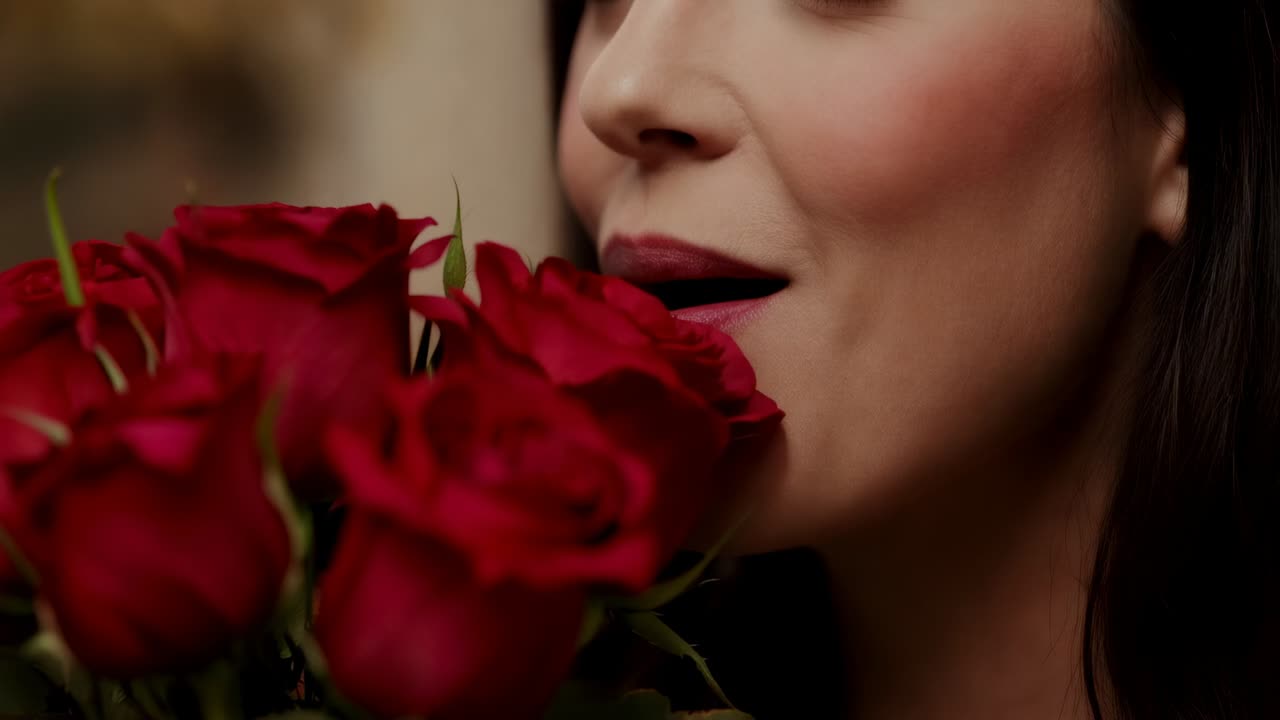 Donna appoggiata con top scuro che avvicina un bouquet di rose rosse in un interno caldo, annusando per assaporare