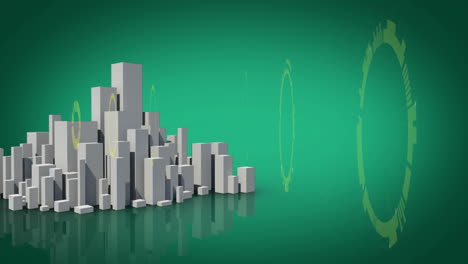 animation of round scanners spinning over 3d city model against green background with copy space