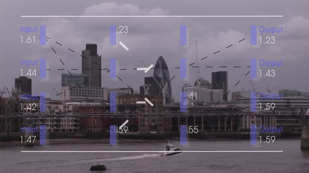 런던 시내 풍경에서 금융 데이터 처리의 애니메이션