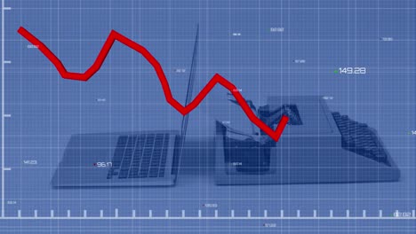 animation of statistical data processing against laptop and vintage typewriter on office desk