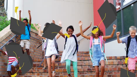 animación de iconos de sombreros de graduación escolares sobre niños escolares felices que salen de la escuela