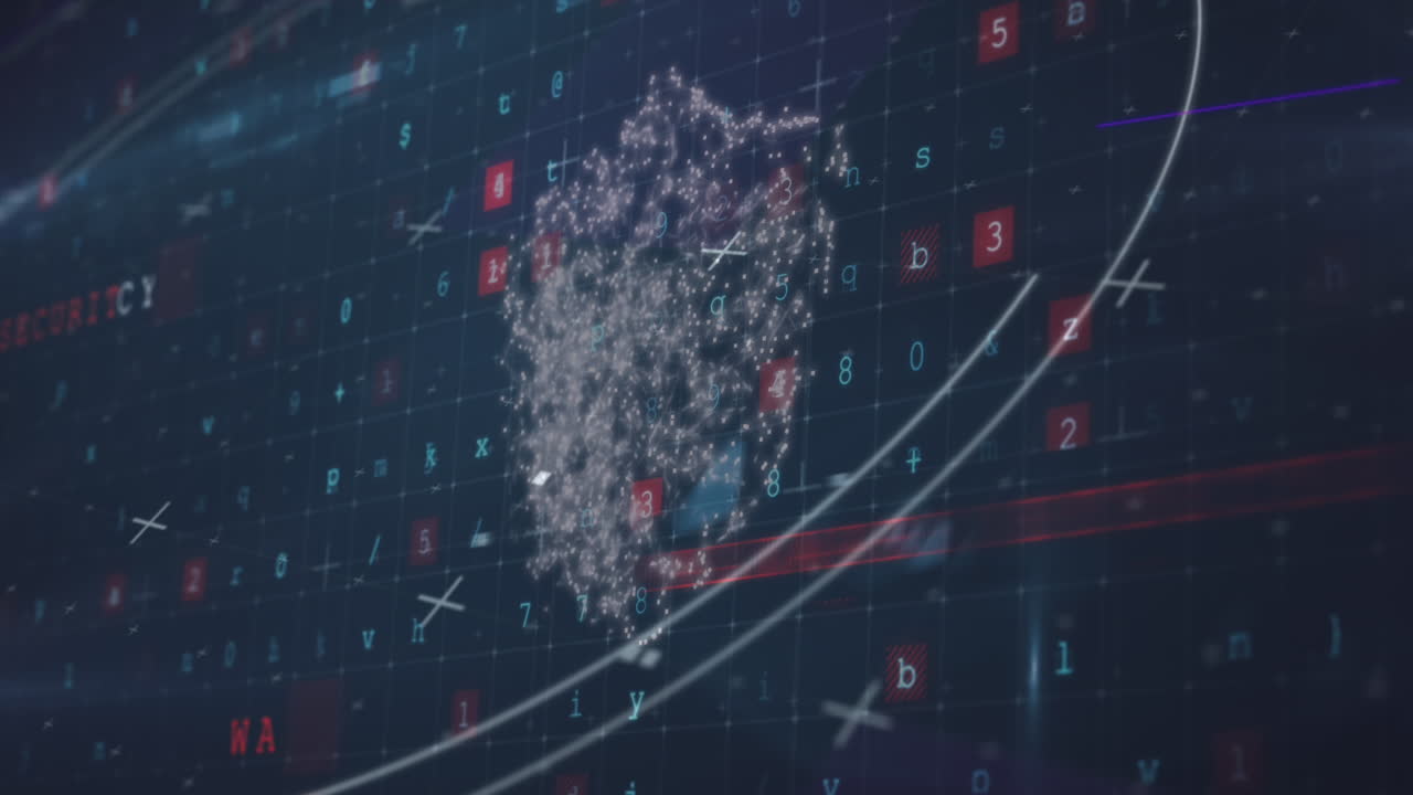 animación de escaneo de alcance, candado de seguridad en línea con texto de advertencia de ataque cibernético en segundo plano