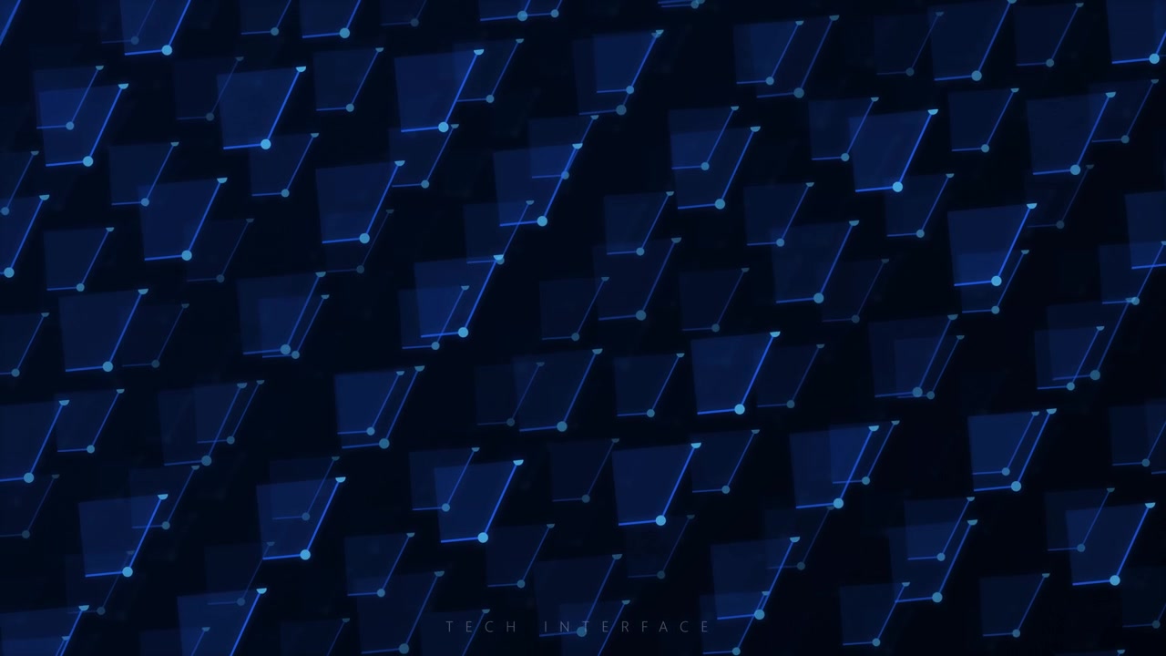 Abstract Digital Background with Moving Blue Geometric Shapes and Data Nodes