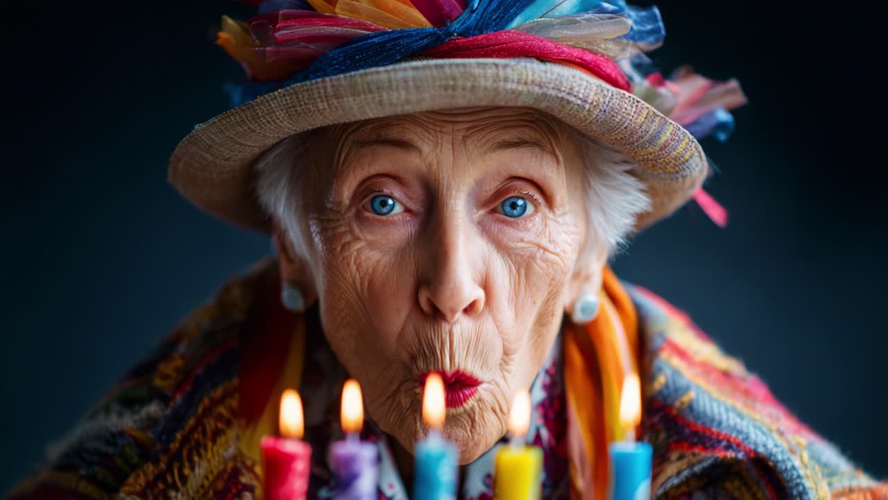 An elderly woman adorned with a colorful hat blows out candles on a cake, celebrating a special occasion with joyful expression and vibrant colors enhancing the moment