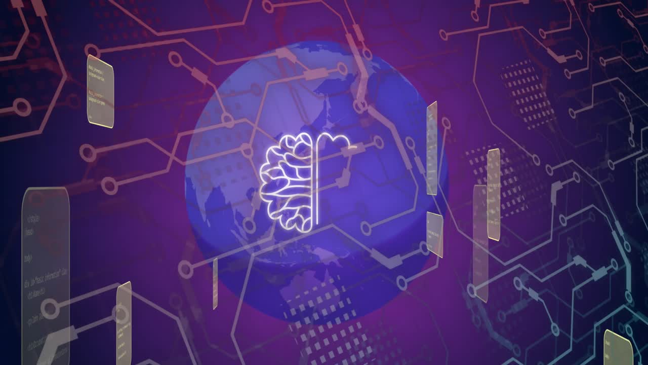 보라색 배경에 전 세계에 대한 채팅과 데이터 처리의 애니메이션