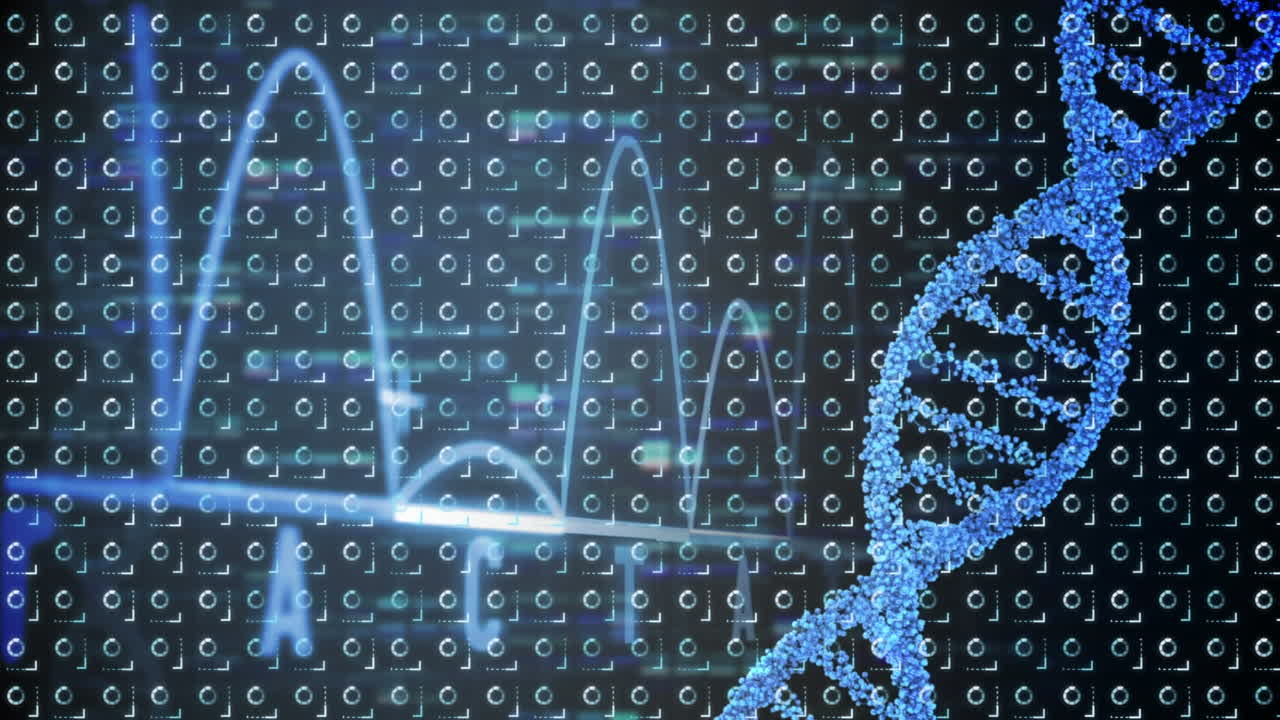 animación del hilado de cadenas de adn, filas de círculos y procesamiento de datos científicos