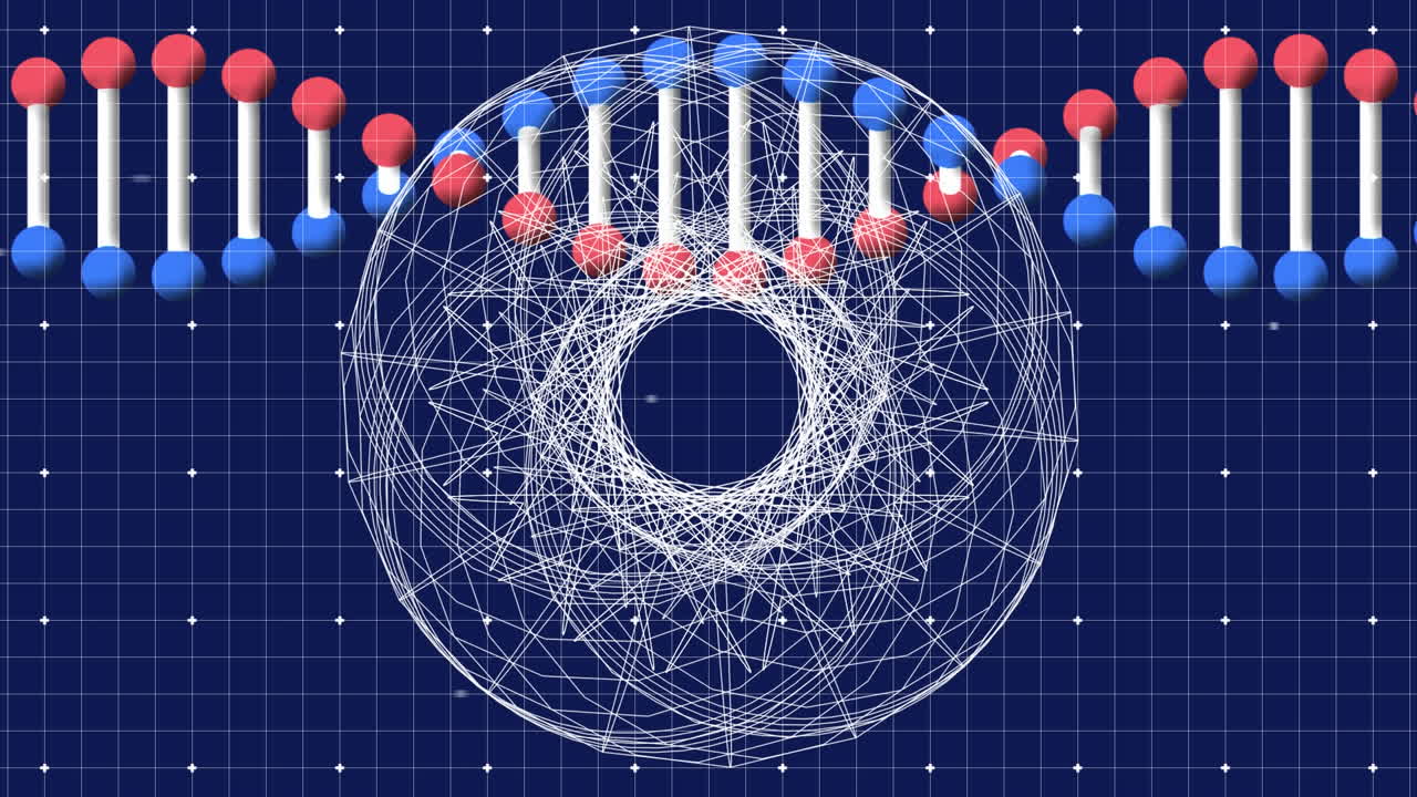 animación de la hilera de adn girando con procesamiento de datos y red de conexiones