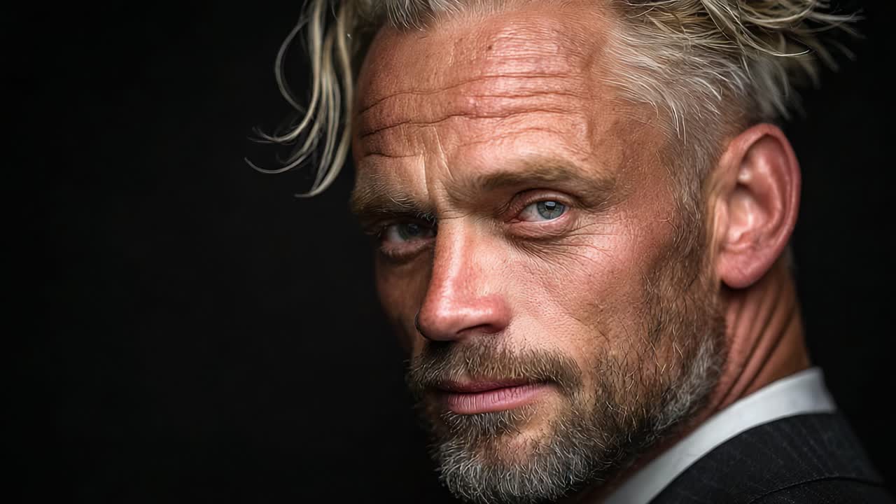 Portræt af en selvsikker mandlig model med markante træk og unik frisure, fanget i dramatisk belysning til mode- og skønhedsfotografering