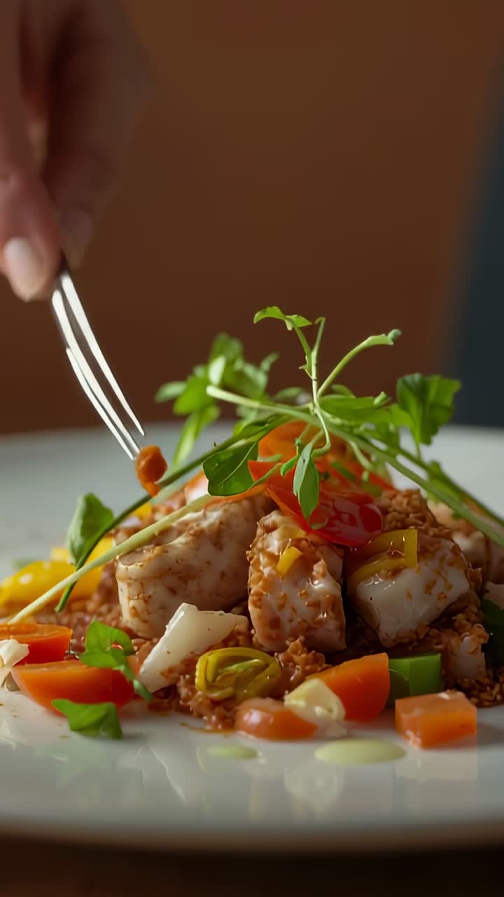 Vertical video: Placing chef's hand lowering tweezers onto plate at restaurant, to finish dish