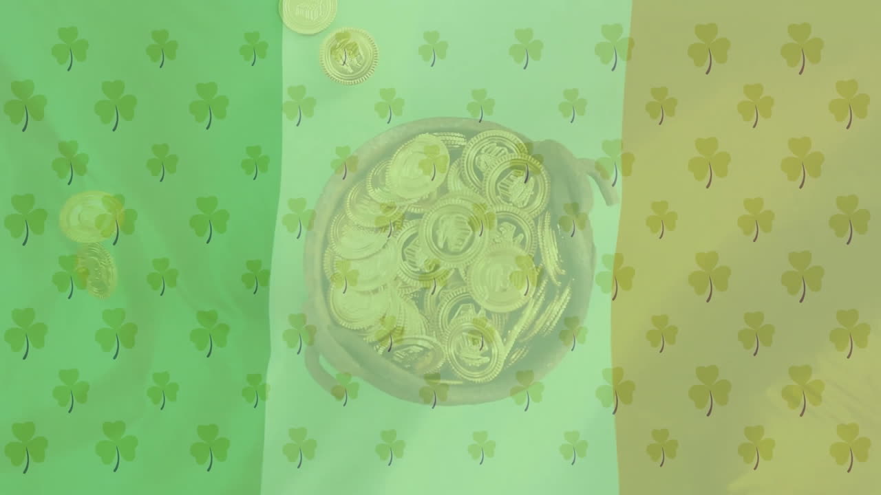 Animation of shamrocks over flag of ireland and coins
