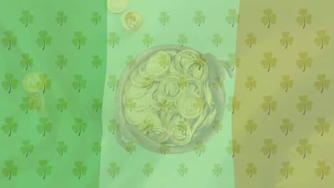 animation of shamrocks over flag of ireland and coins