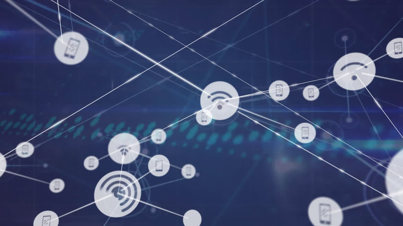 animación de la red de iconos de medios sobre gráficos azules procesamiento de datos