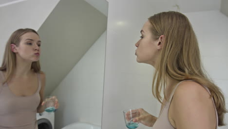 woman rinsing mouth with mouthwash in bathroom