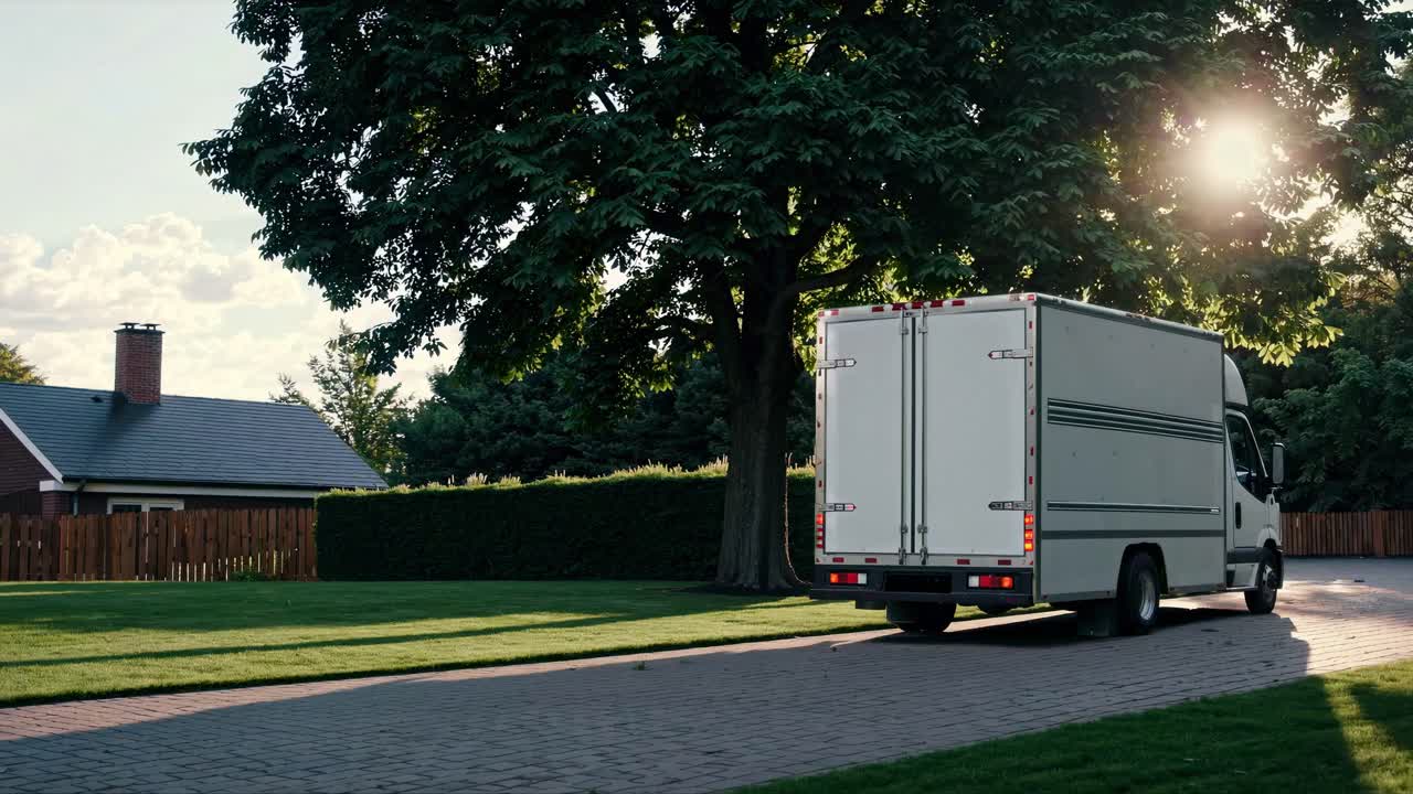 A moving truck drives down a suburban street at sunset, captured from a low-angle