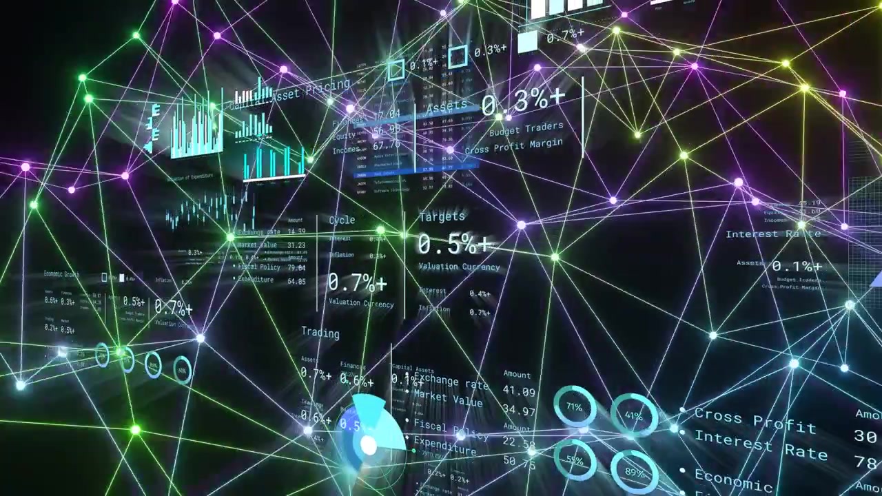 Camera panning starting 3D neon network mesh pulsing and HUD panels updating to show financial data