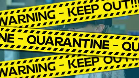 animation of quarantine warning text over woman putting on vr headset