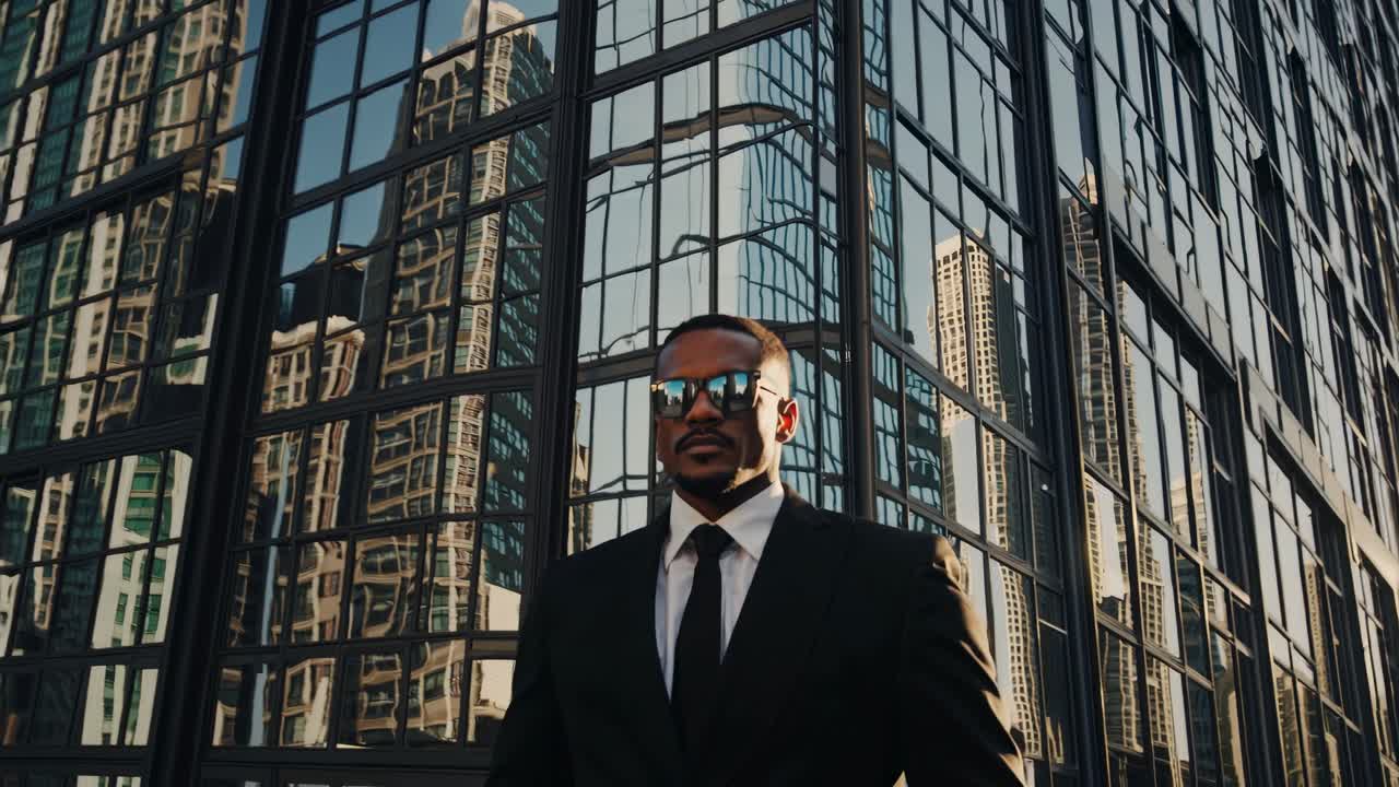 Professional businessman wearing dark suit and sunglasses posing beside sleek glass skyscraper, reflecting urban environment with confident corporate stance