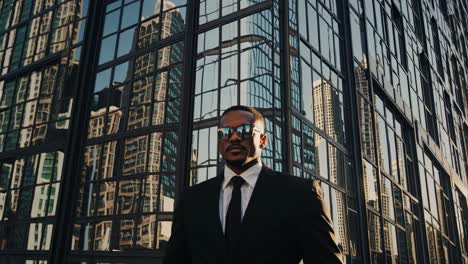 professional businessman wearing dark suit and sunglasses posing beside sleek glass skyscraper, reflecting urban environment with confident corporate stance