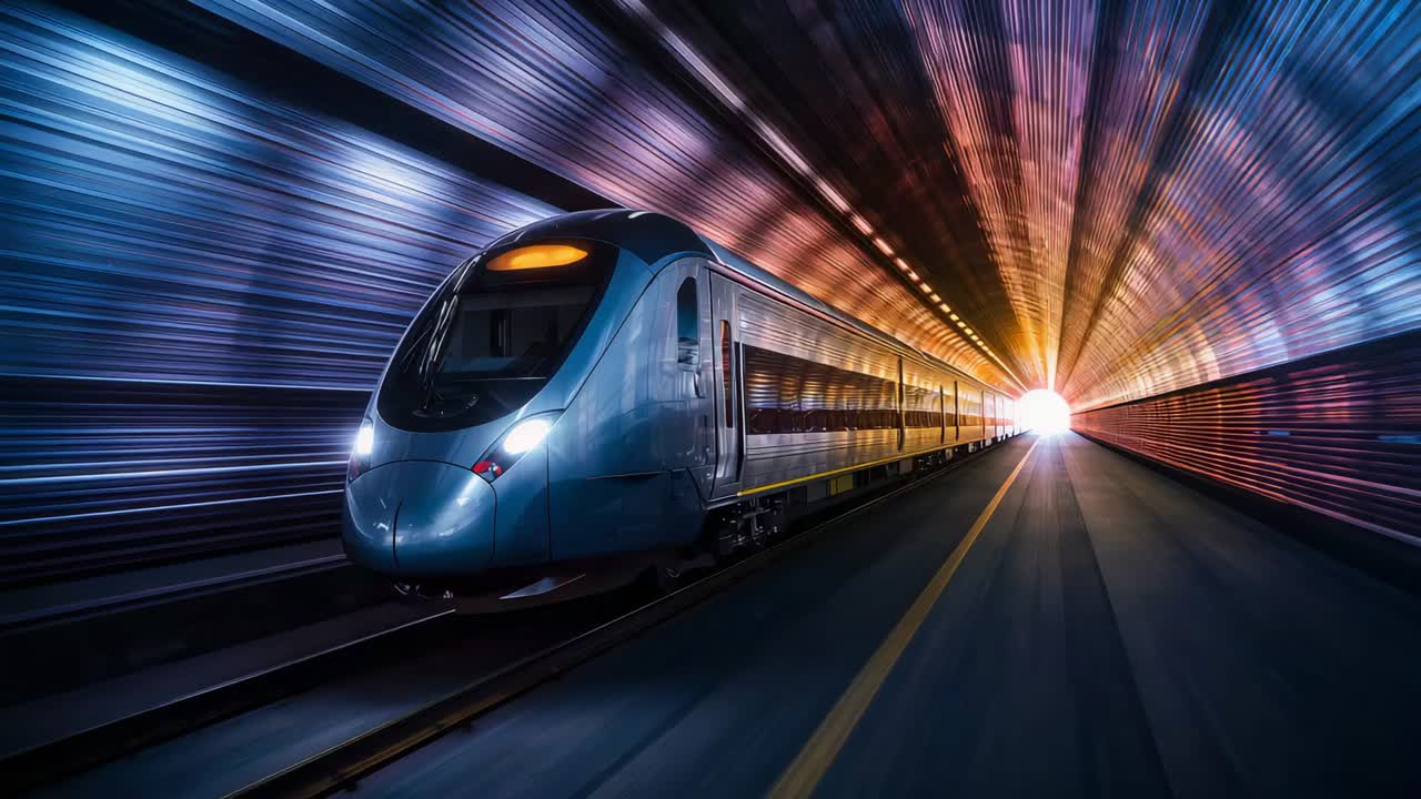 Advancing train moving through tunnel as camera tracking with lights and yellow line guiding exit