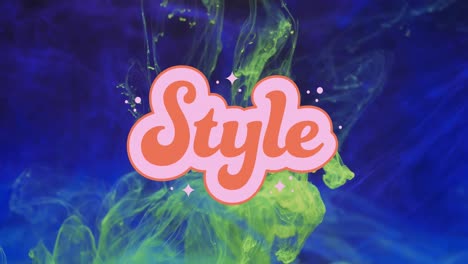 animation of style text over green liquid on blue background