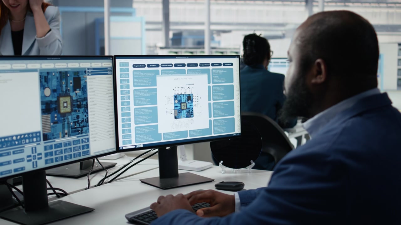 Ingegnere afroamericano che lavora al computer in un ufficio moderno