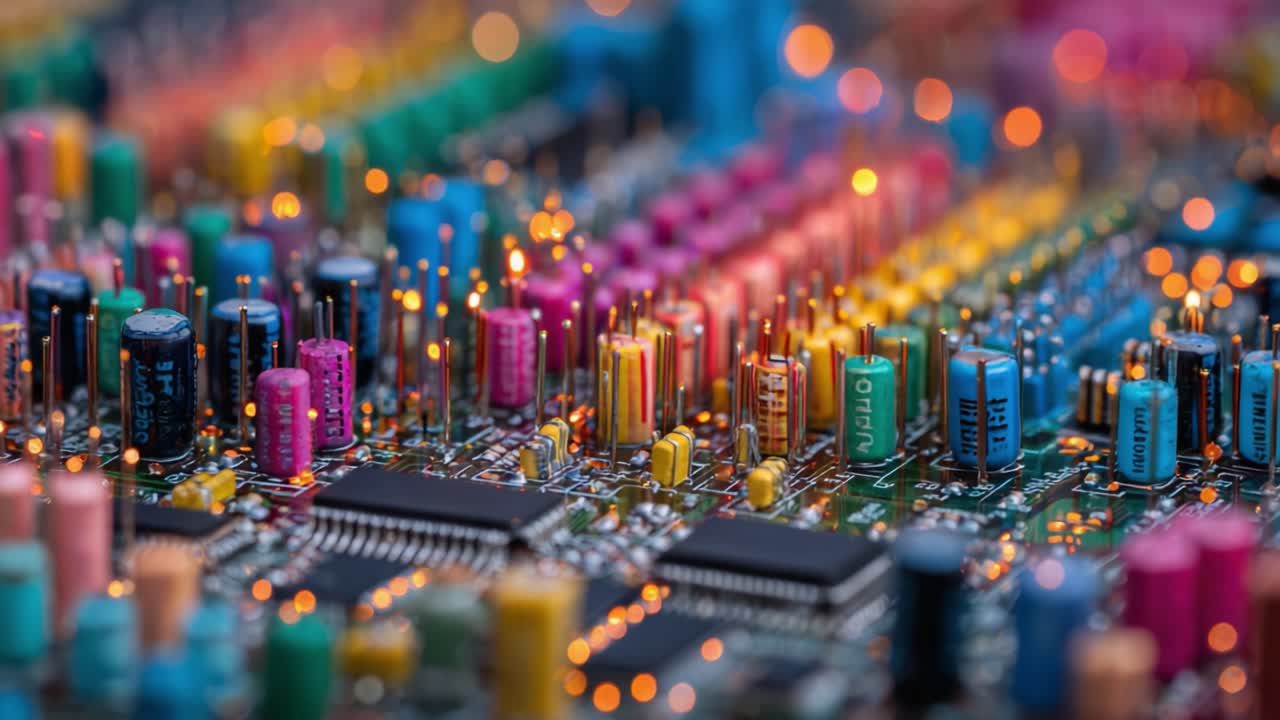 Exploring the Intricate World of Circuit Boards: A Close-Up View of Vibrant Capacitors and Connections in an Electronic Component Assembly