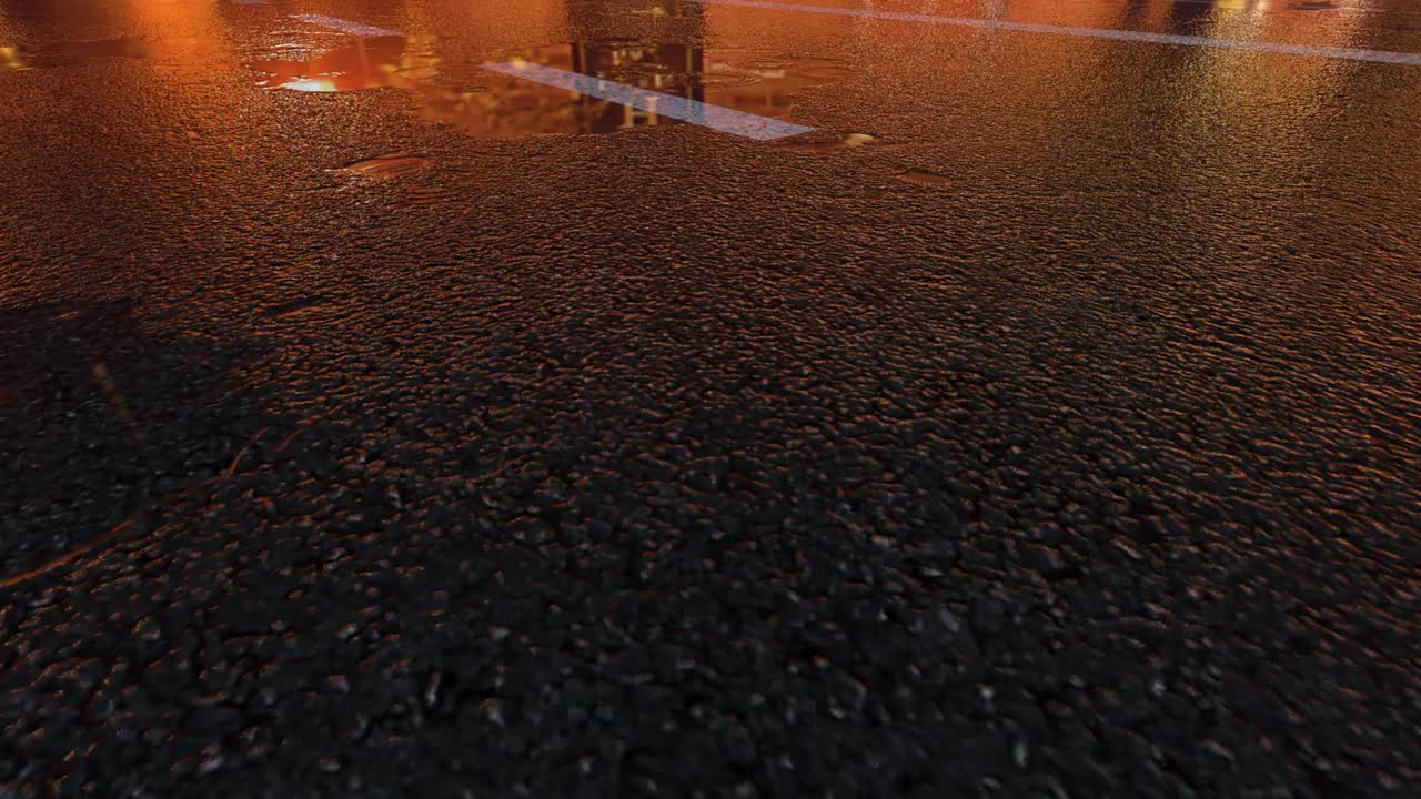 3D Heavy Rain Hitting Road At Night - 4K Realistic Rain Particle (Loopable) - Rainy Day on a colorful street with traffic - Wet Road At Night - Low angle shot of in the rain - Rainfall And Reflection On Road - Loopable Moving Image - England - Harrogate