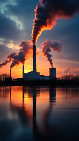 sunset silhouette of industrial smokestacks reflecting in water