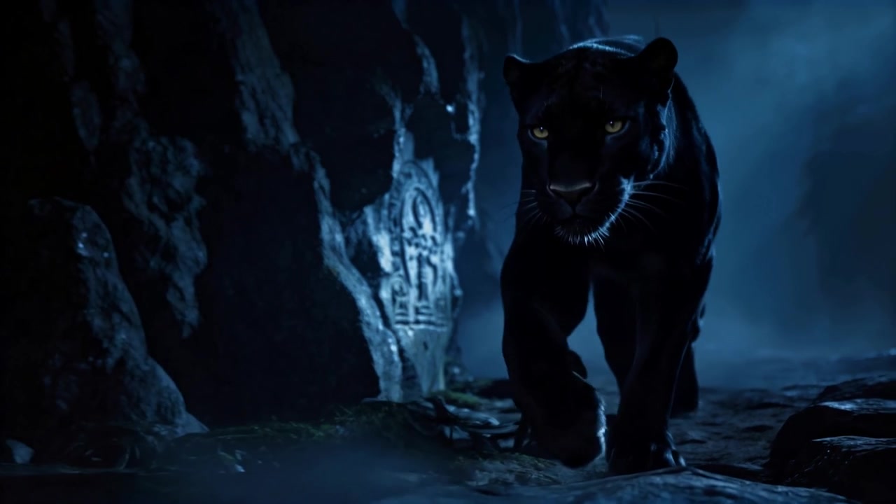 Von rechts kommend, ein schwarzer Panther schleicht durch eine dämmrige Höhle und nähert sich der Kamera mit einer geschnitzten Platte, Nebel.