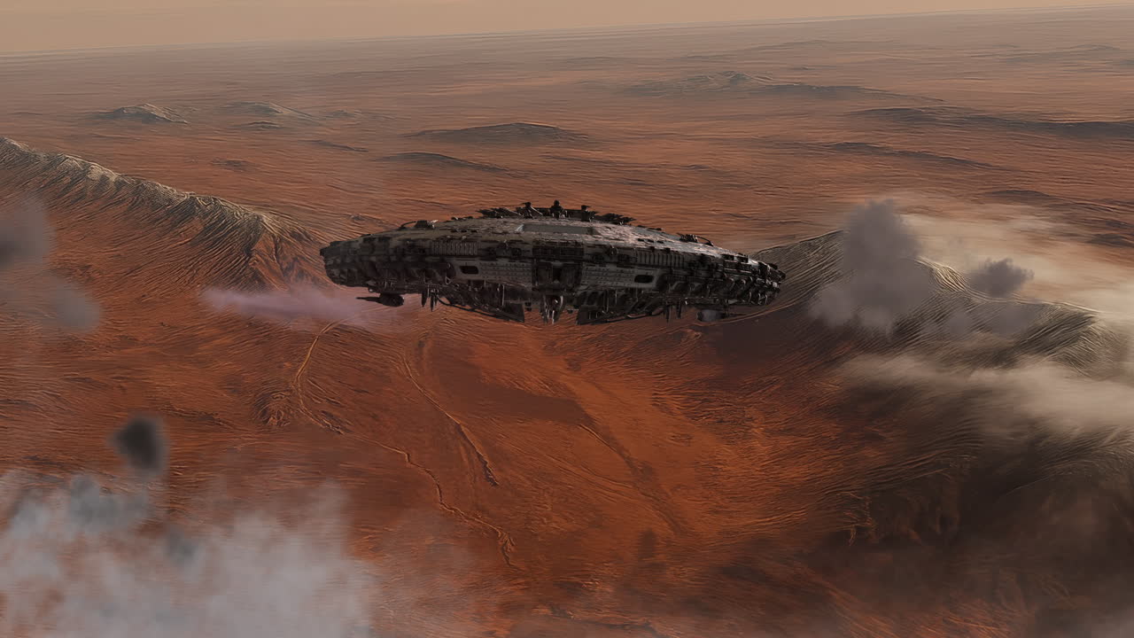 UFO mothership hovering above desert mountains