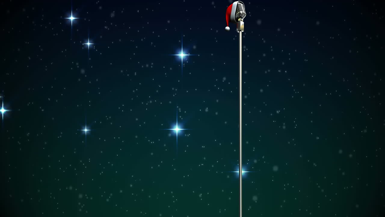 animación de estrellas cayendo sobre el micrófono con sombrero de navidad en un fondo oscuro