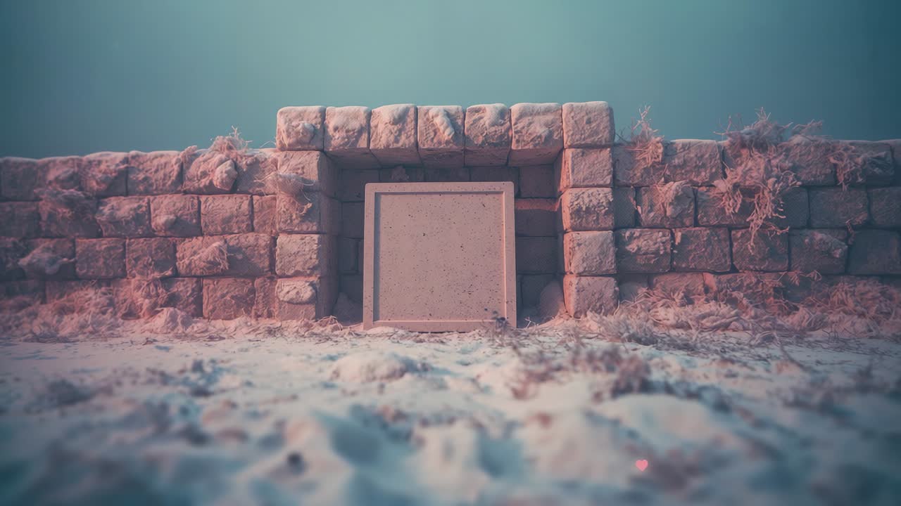 Camera recording stone block wall with central square hatch outdoors, patchy ground and grass tufts