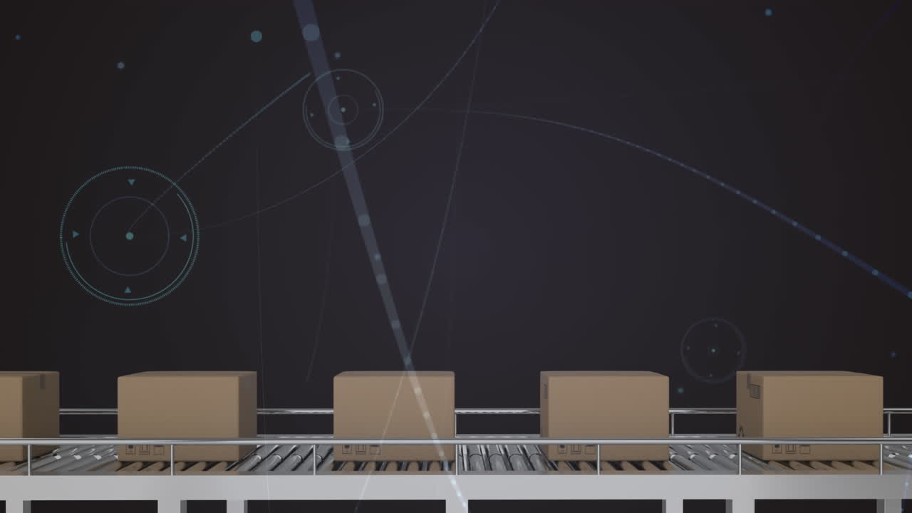animación de la red de conexiones sobre cajas en cintas transportadoras en el almacén