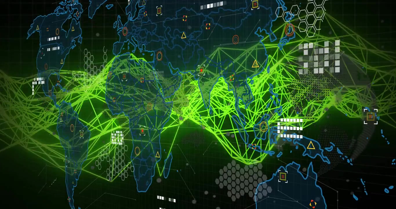 Animazione di mappamondo su rete di connessioni su sfondo nero.