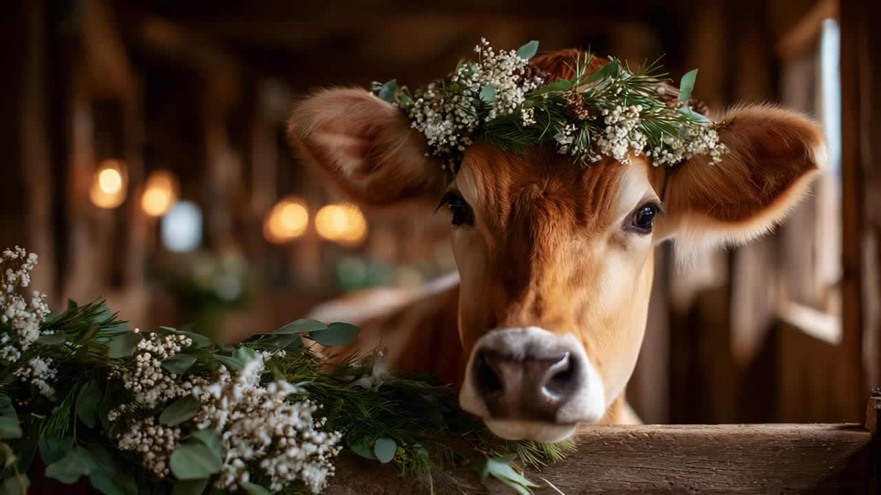 A Majestic Brown Cow Adorned with a Floral Crown Takes Center Stage in a Charming Barn, Surrounded by Soft Lighting and a Rustic Atmosphere That Evokes a Sense of Peace and Natural Beauty