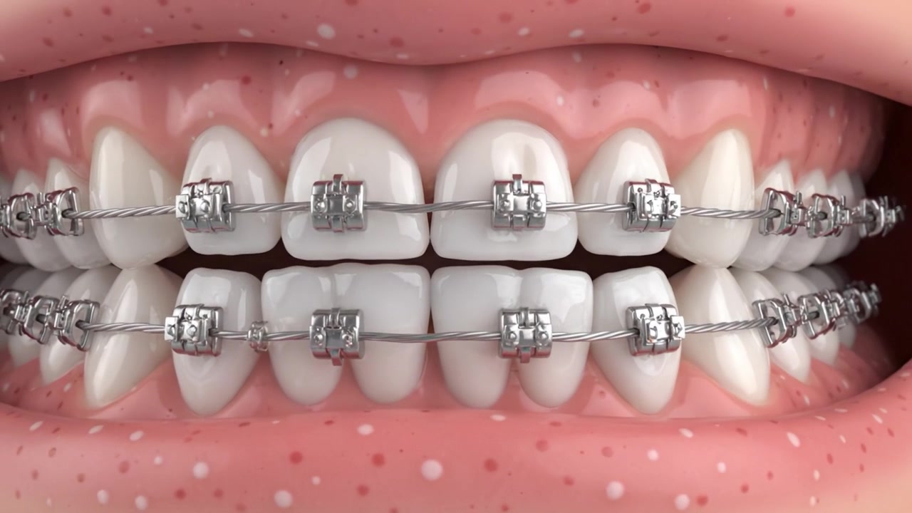 Close-up Examination of Teeth with Braces, Highlighting Orthodontic Appliance Design and Alignment Over Time for Improved Dental Aesthetics and Functionality.