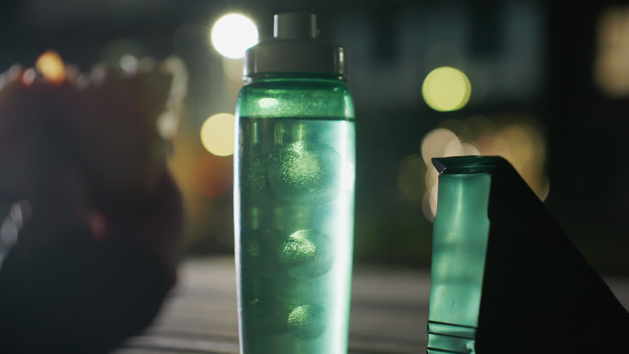 Blue colored water bottle filled with water standing on wooden table beside empty snack plate under blurred city lights capturing hydration focus during twilight break in outdoor workout session