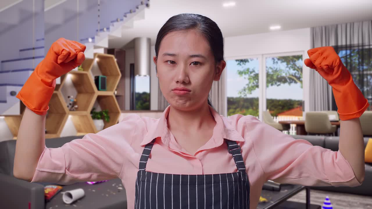 Close Up Of Asian Female Housekeeper With An Apron Showing Her Biceps While Standing In House