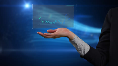 caucasian woman hand displaying a screen with statistics in a blue et black background