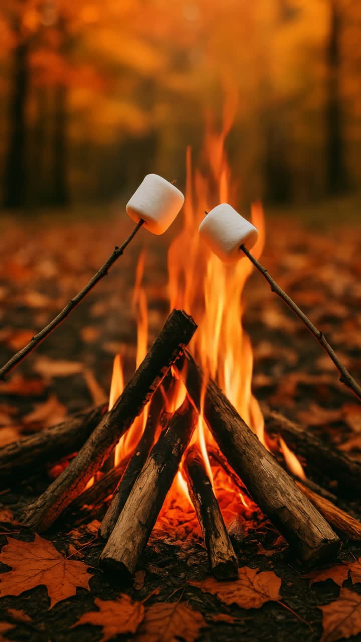 Cozy autumn campfire scene with marshmallows roasting on sticks
