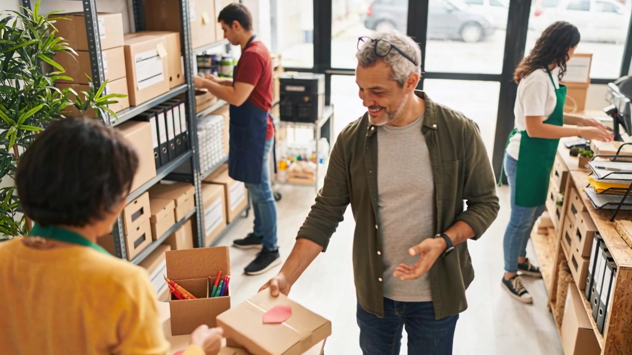 Entering customer collecting red-sealed boxes at counter staff in yellow top, green apron handing