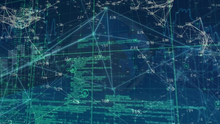 Animation of connections, globe and data processing over navy digital space