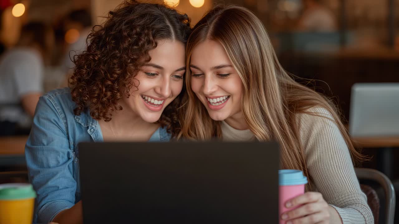 Leaning two women wearing denim shirt focusing on laptop at cafe, following screen holding pink cup