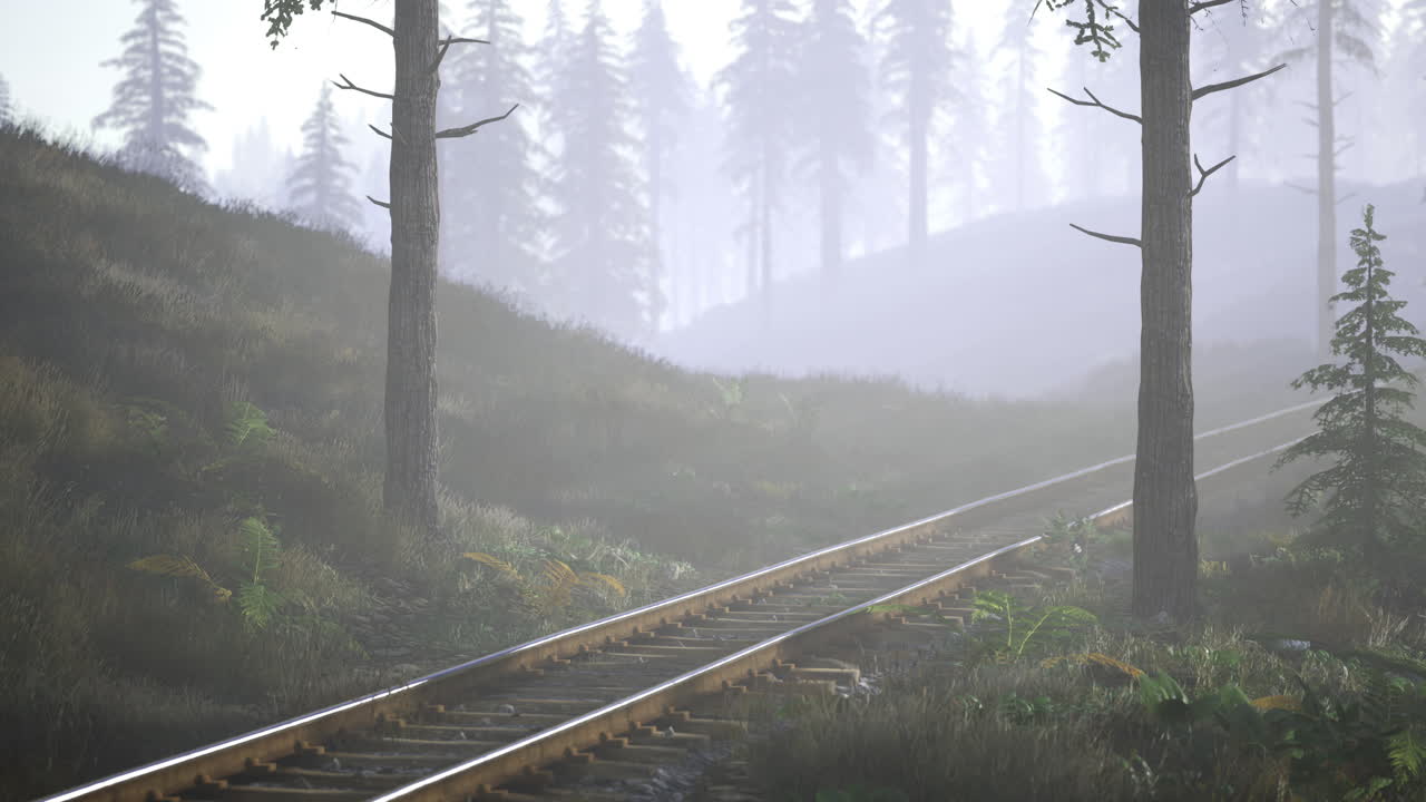 Quiet morning along forest railway tracks in misty landscape
