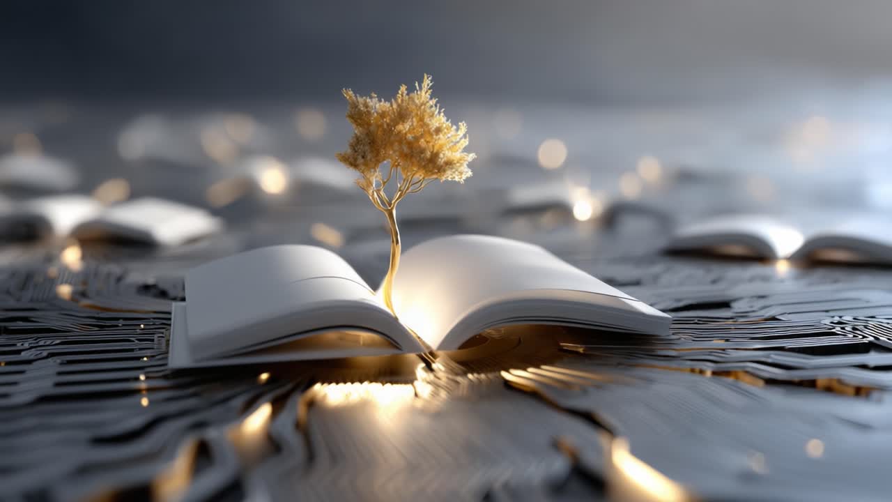 Eine surreale Landschaft mit einem aufgeschlagenen Buch, aus dessen Seiten ein kleiner Baum wächst, der Wissen und Wachstum symbolisiert, vor einem Hintergrund mit komplizierten Mustern