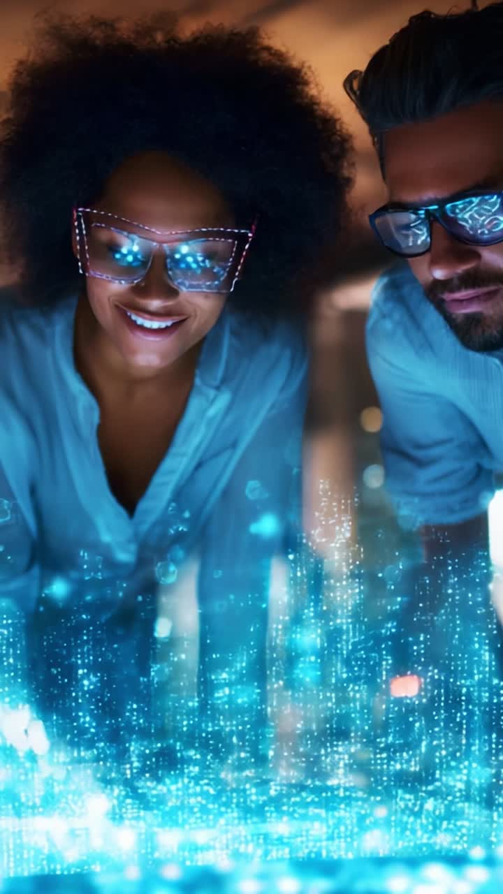 Una coppia dinamica alle prese con grafica digitale futuristica, che esplora visualizzazioni di dati innovative con entusiasmo e curiosità in un vivace ambiente urbano